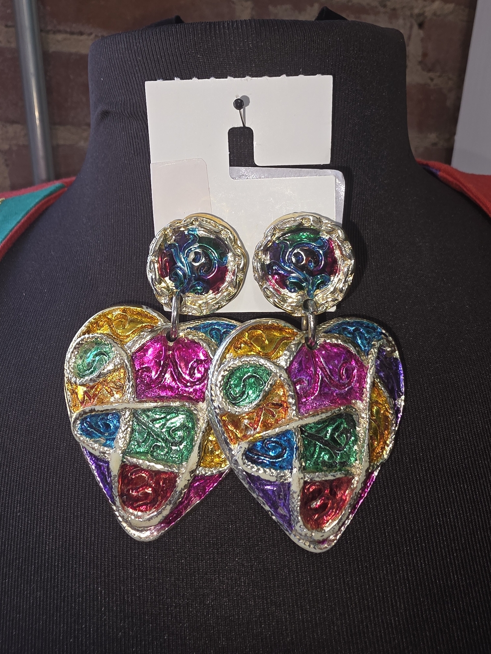 Multicolor Heart Drop Earrings - Vibrant Mosaic Women’s Clip On